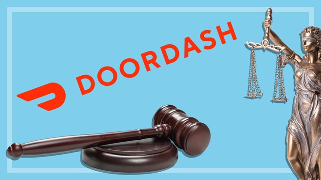 doordash logo with gavel and statue of lady justice